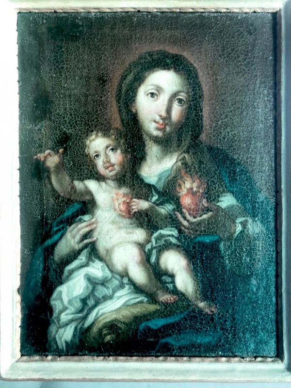 Peinture à l'huile sur toile représentant la Vierge à l'Enfant.