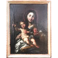 Peinture à l'huile sur toile représentant la Vierge à l'Enfant.