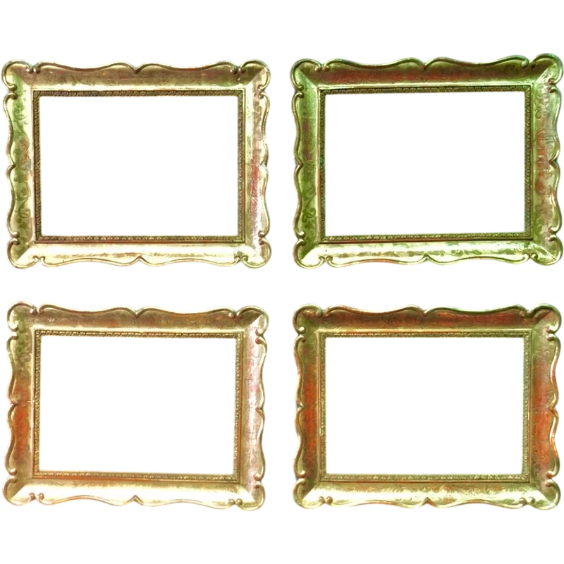 Four cabaret-style frames made of carved wood, featuring scrollwork and gold leaf.