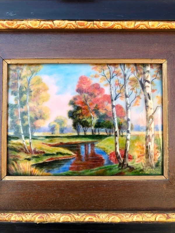 Enamel painting depicting a landscape with a river. Signed: "Faure". Limoges, France.