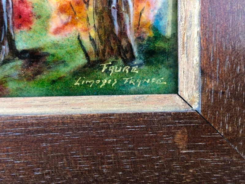 Enamel painting depicting a landscape with a river. Signed: "Faure". Limoges, France.