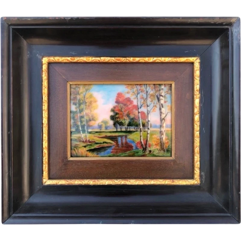 Enamel painting depicting a landscape with a river. Signed: "Faure". Limoges, France.