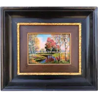 Enamel painting depicting a landscape with a river. Signed: "Faure". Limoges, France.