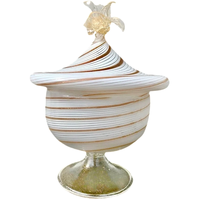 Vase avec couvercle et poignée en forme de fleur, en verre soufflé strié en spirale,