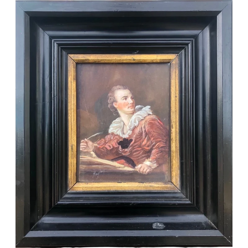 dipinto a tempera  su cartoncino con figura maschile con penna.Firma:Mayden.