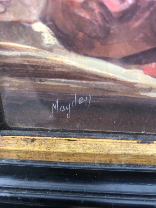 dipinto a tempera  su cartoncino con figura maschile con penna.Firma:Mayden.