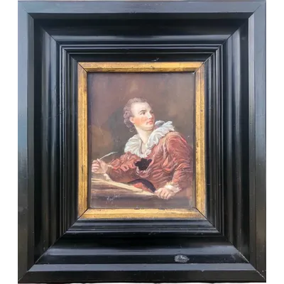 dipinto a tempera  su cartoncino con figura maschile con penna.Firma:Mayden.
