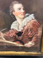 dipinto a tempera  su cartoncino con figura maschile con penna.Firma:Mayden.