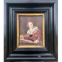 dipinto a tempera  su cartoncino con figura maschile con penna.Firma:Mayden.