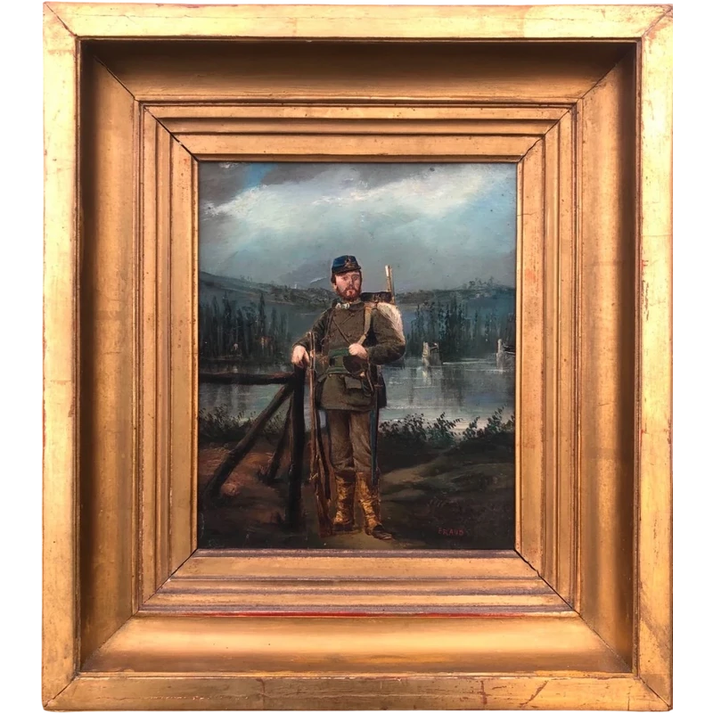 Oil painting on cardboard depicting a soldier against a rural backdrop. Signed: Eraud.