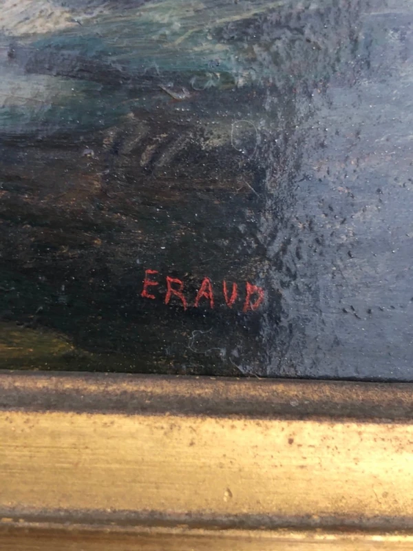 Oil painting on cardboard depicting a soldier against a rural backdrop. Signed: Eraud.