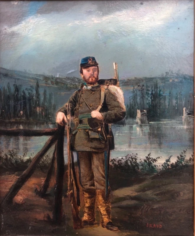 Oil painting on cardboard depicting a soldier against a rural backdrop. Signed: Eraud.
