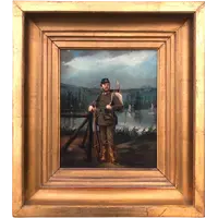 Oil painting on cardboard depicting a soldier against a rural backdrop. Signed: Eraud.