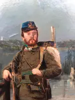 Oil painting on cardboard depicting a soldier against a rural backdrop. Signed: Eraud.