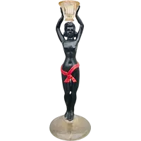 Candeliere in vetro soffiato con figura femminile neoclassica policroma e foglia oro