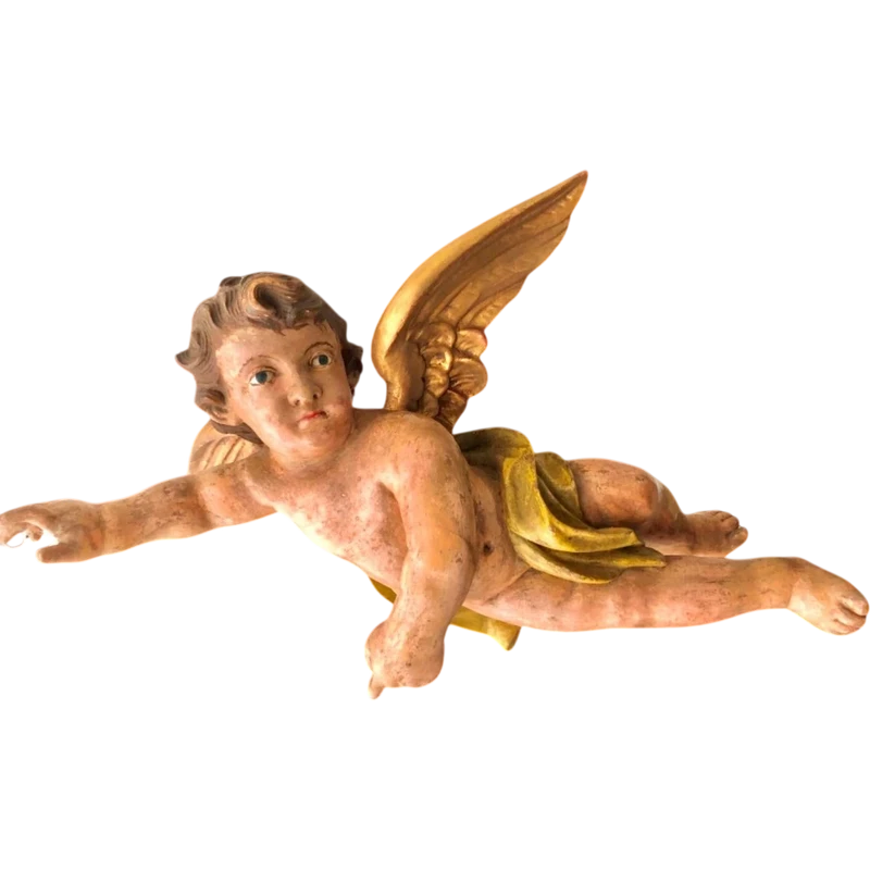 Polychrome carved wooden sculpture depicting an angel with outstretched wings. Liguria.