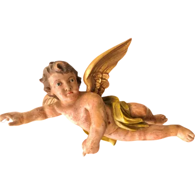 Scultura in legno intagliato policromo raffigurante un angelo ad ali spiegate.Liguria.