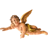 Polychrome carved wooden sculpture depicting an angel with outstretched wings. Liguria.
