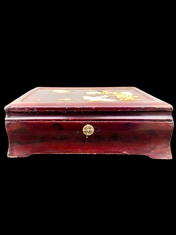 Mahogany box with inlays of various materials and mother-of-pearl