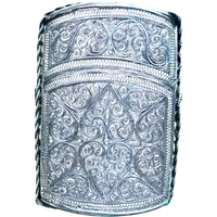 Silver filigree card holder featuring plant motifs and stylized scrolls.