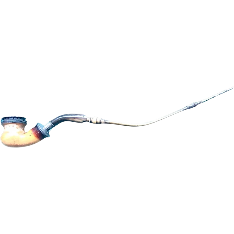 A globular-shaped pipe made of sea foam and silver with geometric patterns. Horn mouthpiece