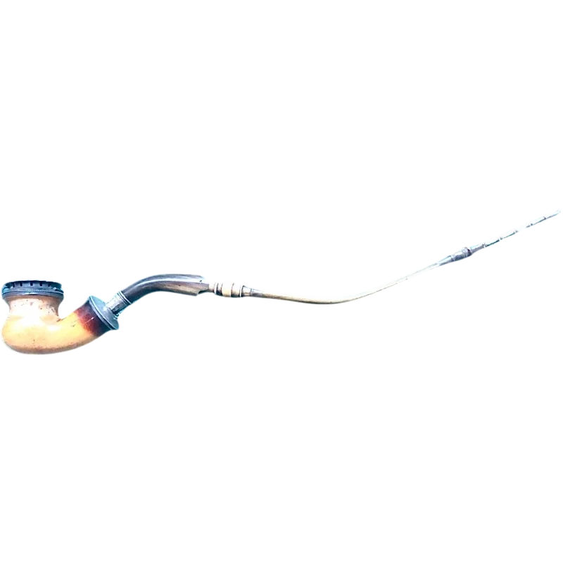 A globular-shaped pipe made of sea foam and silver with geometric patterns. Horn mouthpiece