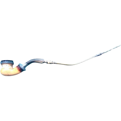 A globular-shaped pipe made of sea foam and silver with geometric patterns. Horn mouthpiece