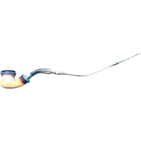 A globular-shaped pipe made of sea foam and silver with geometric patterns. Horn mouthpiece