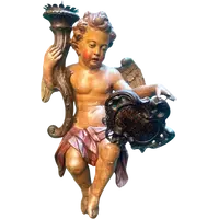 Polychrome wooden sculpture depicting an angel holding a candlestick and a rocaille shield