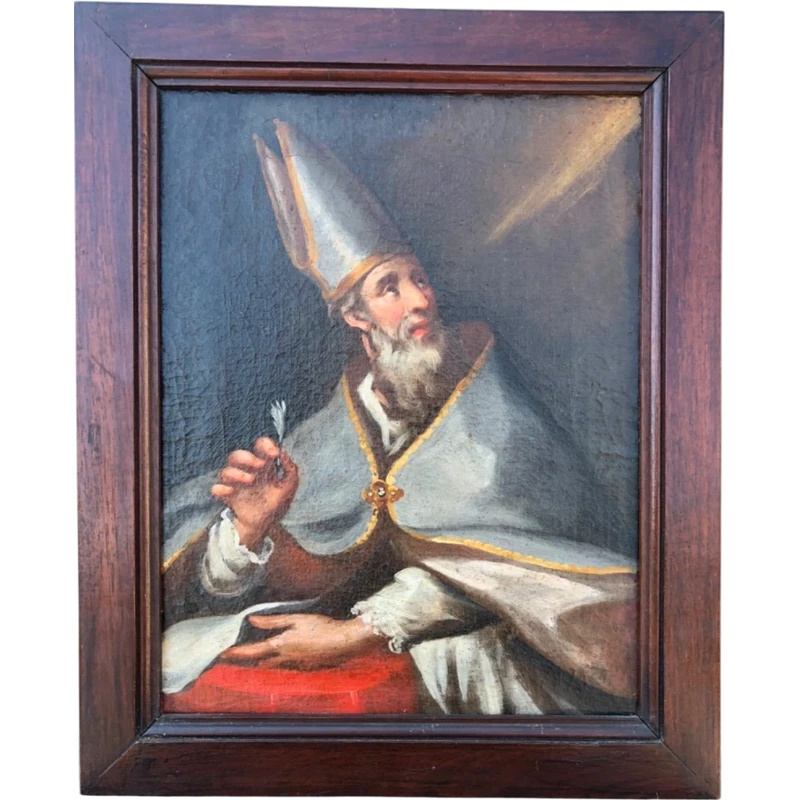 Dipinto olio su tela raffigurante vescovo con mitria e penna.