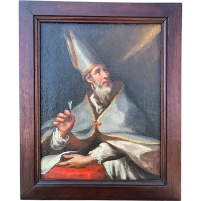 Oil painting on canvas depicting a bishop wearing a miter and holding a pen.