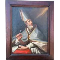 Dipinto olio su tela raffigurante vescovo con mitria e penna.