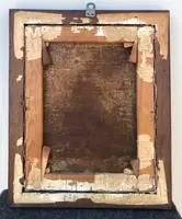 Dipinto olio su tela raffigurante vescovo con mitria e penna.