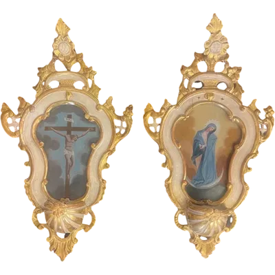 Pair of holy water fonts made of lacquered and gilded wood with painted glass