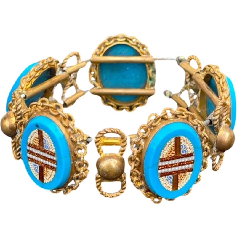 Brass bracelet (with elastic) featuring five oval micro-mosaics with geometric patterns. Rome.