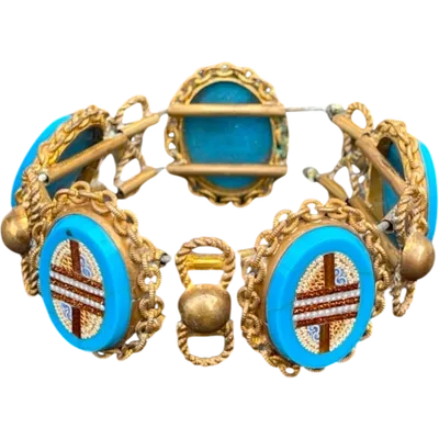 Brass bracelet (with elastic) featuring five oval micro-mosaics with geometric patterns. Rome.