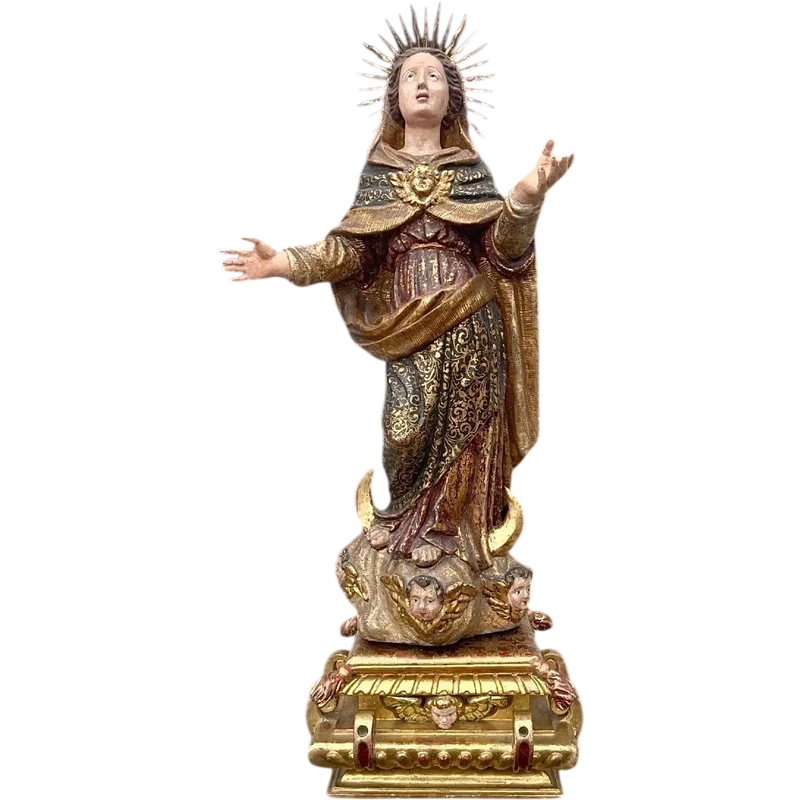 Polychrome wooden sculpture with gold highlights; Madonna wearing a silver crown. Liguria.