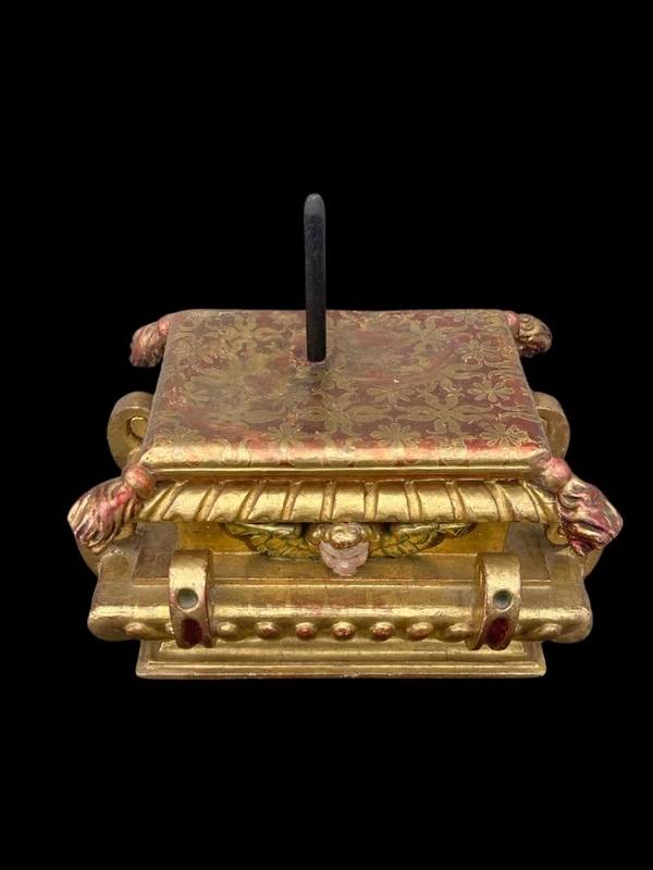 Polychrome wooden sculpture with gold highlights; Madonna wearing a silver crown. Liguria.