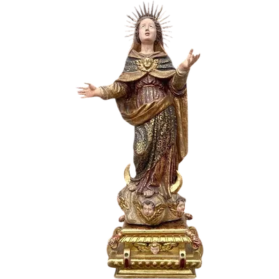 Polychrome wooden sculpture with gold highlights; Madonna wearing a silver crown. Liguria.