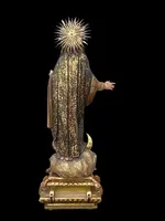 Polychrome wooden sculpture with gold highlights; Madonna wearing a silver crown. Liguria.