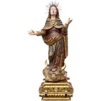 Polychrome wooden sculpture with gold highlights; Madonna wearing a silver crown. Liguria.