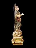 Polychrome wooden sculpture with gold highlights; Madonna wearing a silver crown. Liguria.