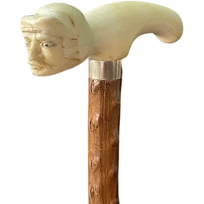 Bastone in avorio con impugnatura tau con testa di guerriero con elmo.canna in legno di rosa.