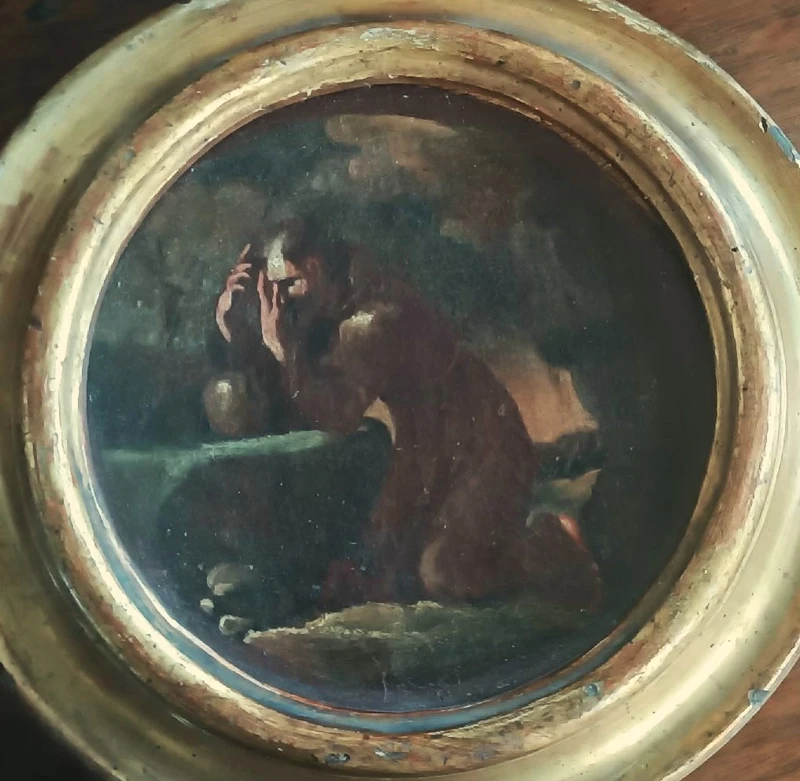 An antique painting on canvas, a sketch, depicting St. Francis of Assisi -