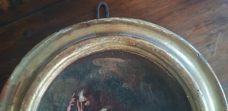 An antique painting on canvas, a sketch, depicting St. Francis of Assisi -