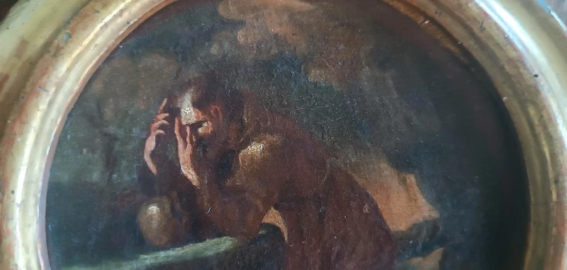 An antique painting on canvas, a sketch, depicting St. Francis of Assisi -