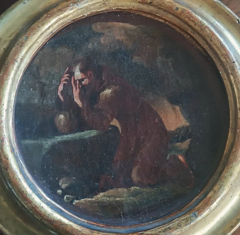 An antique painting on canvas, a sketch, depicting St. Francis of Assisi -