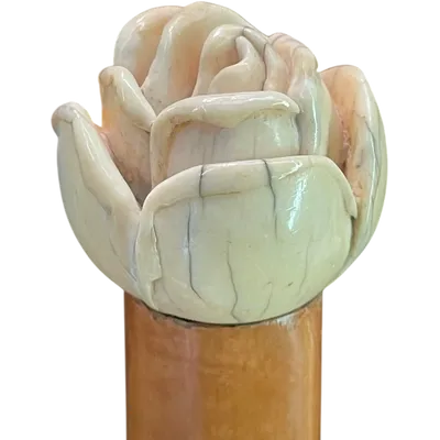A walking stick with an ivory knob depicting a rose.