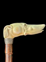 A cane with a side handle made of ivory in the shape of a greyhound's head.