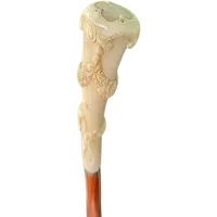 A walking stick with a vertical, curved ivory knob engraved with floral garlands and rocaille motifs.